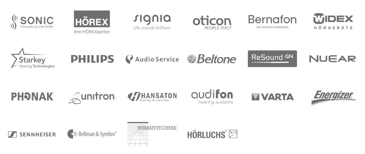 Logos verschiedener bekannter Hörgeräte-Hersteller und Zubehörmarken in einer Übersicht.